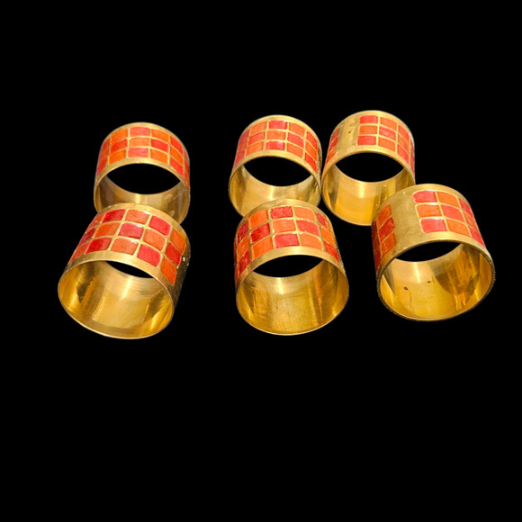 Vintage Brass & Red Enamel Napkin Rings Set 6 Mosaic Square Design Mid-Century - Picture 2 of 3